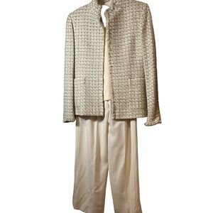 Tahari 3PC Cream Tweed Jacket Sweater Top and Cream Wide-Leg Pants Set